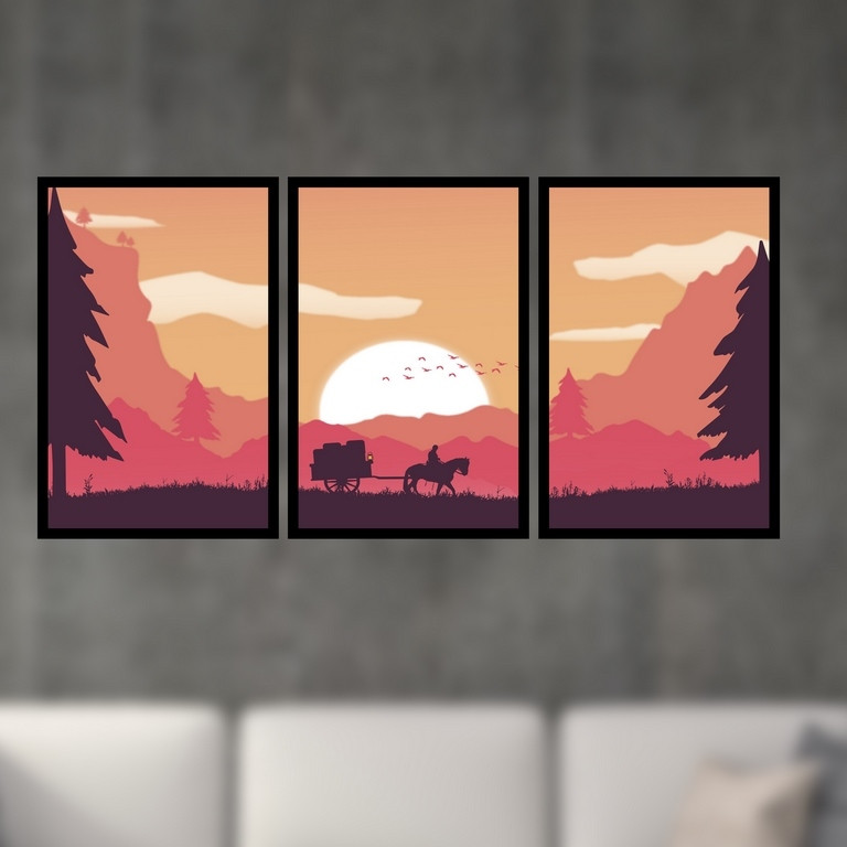 تابلو بکلیت طرح منظره فانتزی غروب آفتاب و درشکه چی مدل B-S4931 مجموعه 3 عددی