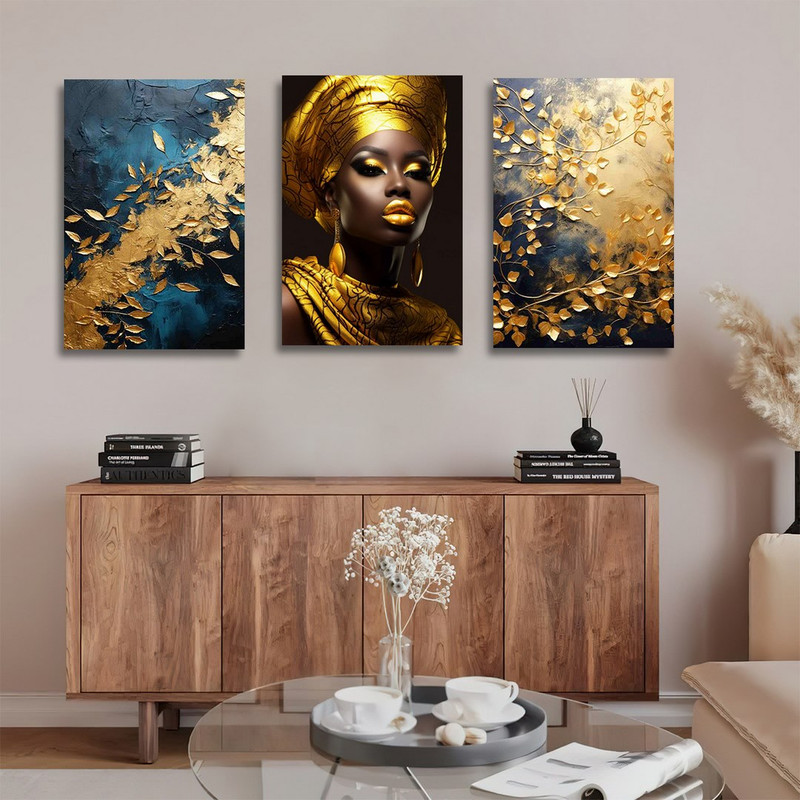 تابلو شاسی بکلیت طرح زن آفریقایی و برگ طلایی مدل SH-1221 مجموعه 3 عددی 