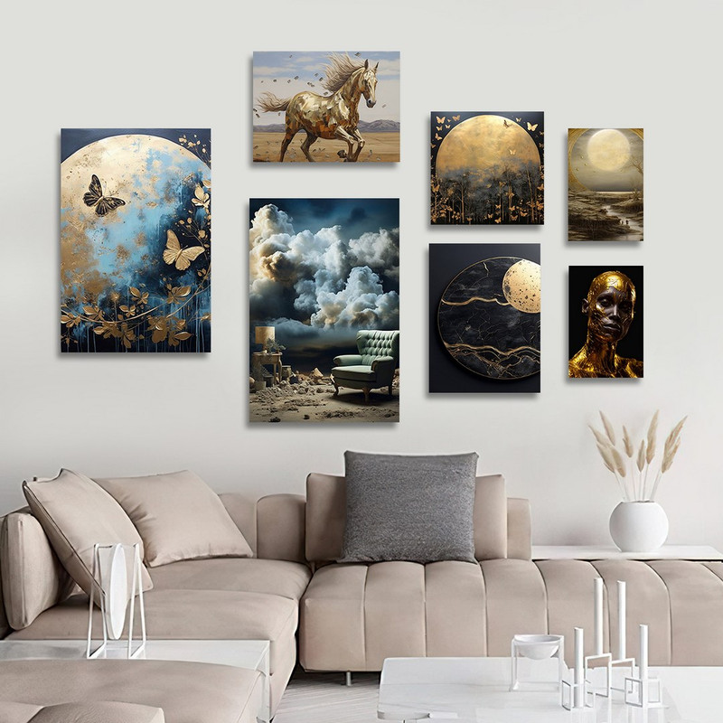 تابلو شاسی بکلیت طرح اسب و ماه و پروانه طلایی مدل SH-1220 مجموعه 7 عددی 