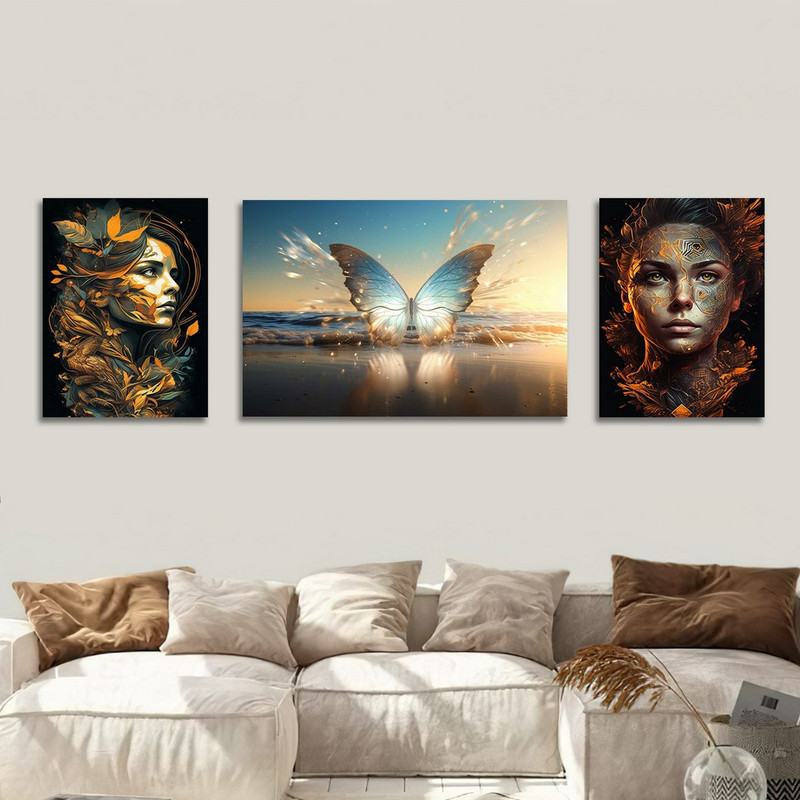 تابلو شاسی بکلیت طرح چهره و پروانه طلایی مدل SH-1213  مجموعه 3 عددی