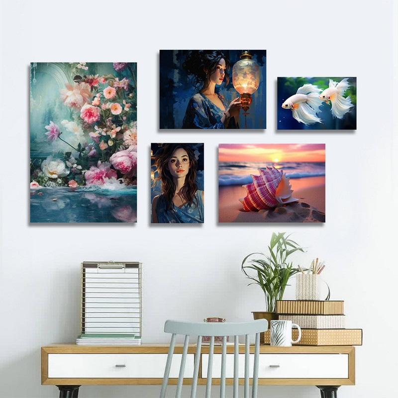 تابلو شاسی بکلیت طرح ماهی بال دار و نقاشی گل مدل SH-1180  مجموعه 5 عددی