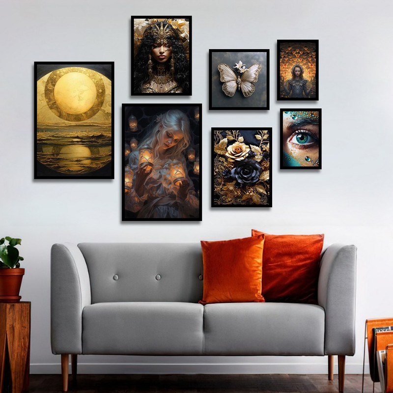 تابلو بکلیت طرح دکوراتیو چهره و گل طلایی مدل BE-1287 مجموعه 7 عددی