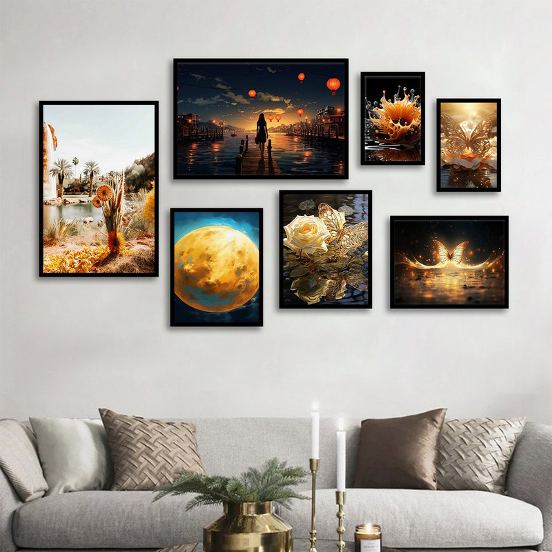 تابلو بکلیت طرح نقاشی طلایی طبیعت و پروانه مدل B-1273 مجموعه 7 عددی