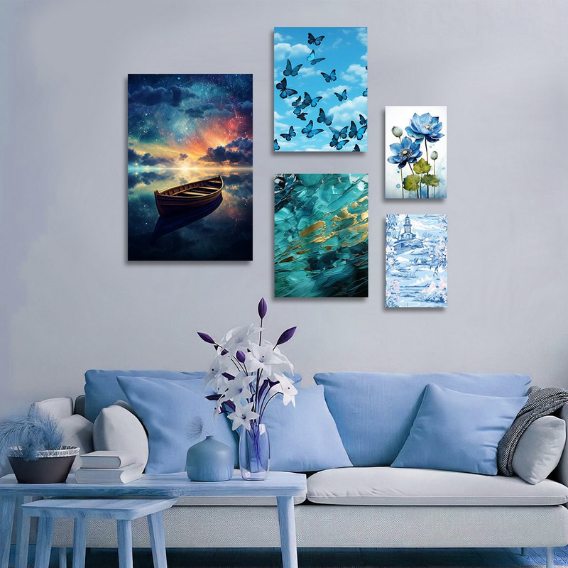 تابلو شاسی بکلیت طرح نقاشی دریاچه کهکشانی  و گل و پروانه مدل SH-1362 مجموعه 5 عددی