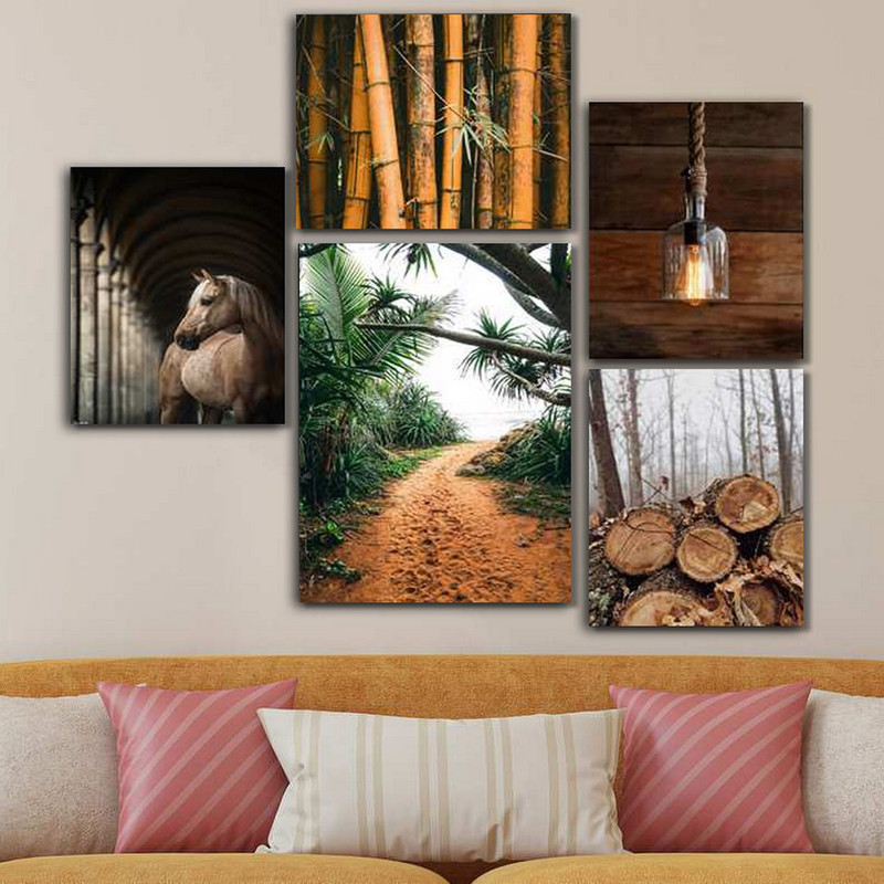 تابلو شاسی بکلیت طرح هیزم و بامبو و اسب مدل SH-368 مجموعه 5 عددی