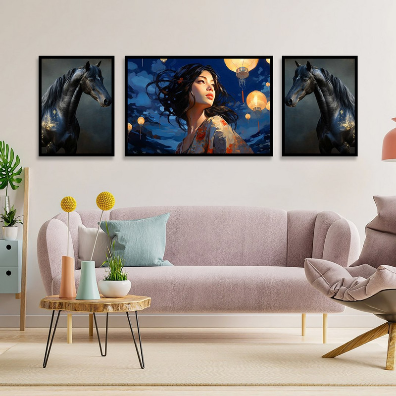 تابلو بکلیت طرح اسب سیاه و دختر کره ای مدل B-1188 مجموعه 3 عددی