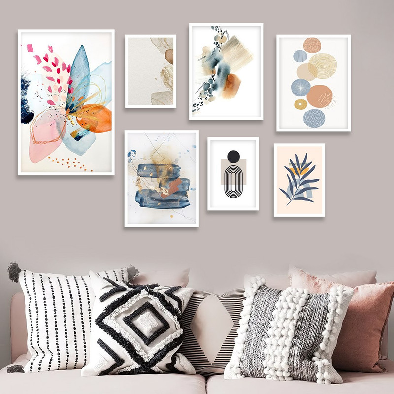 تابلو بکلیت مدل طرح نقاشی مینیمال پروانه و گوی W-990  مجموعه 7 عددی