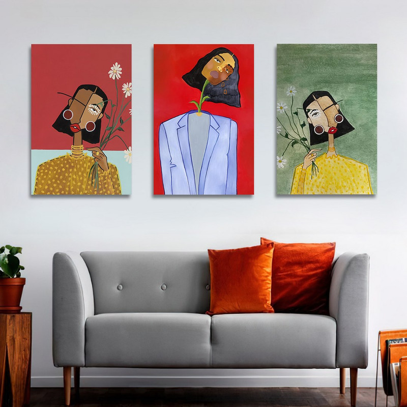 تابلو شاسی بکلیت طرح نقاشی دکوراتیو مدرن سبک کوبیسم مدل SH-1424 مجموعه 3 عددی