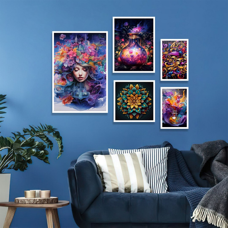 تابلو بکلیت طرح مدرن نقاشی ابرنگی گل و چهره مدل W-1154 مجموعه 5 عددی