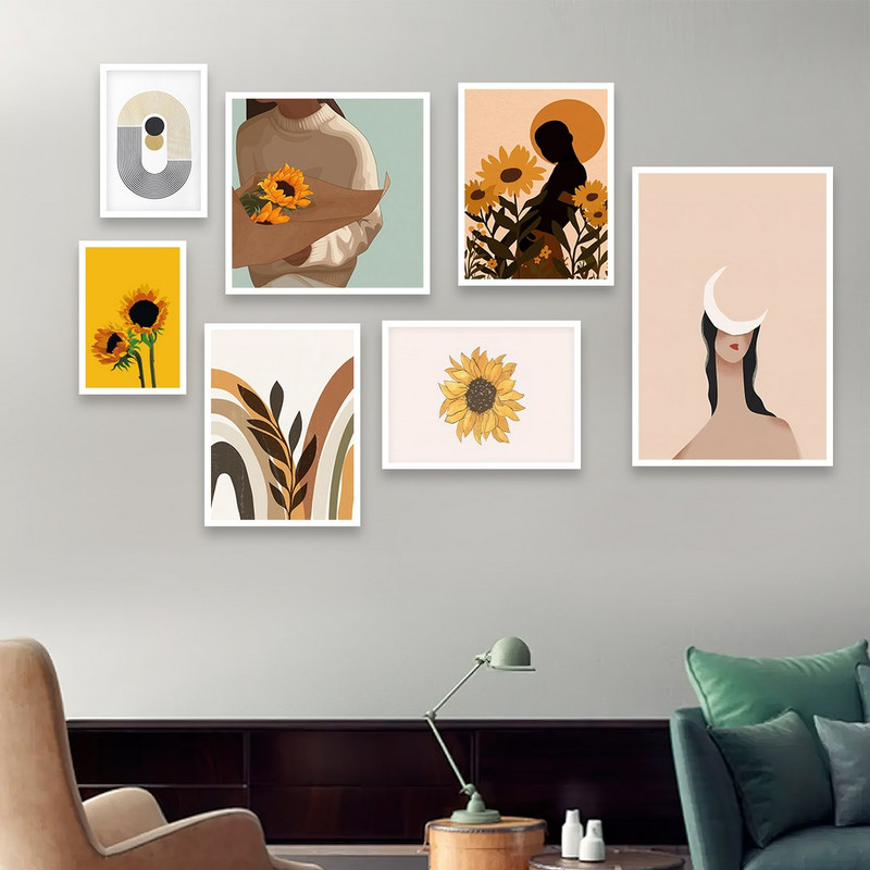 تابلو بکلیت مدل طرح نقاشی مینیمال و گل افتابگردان W-937  مجموعه 7 عددی