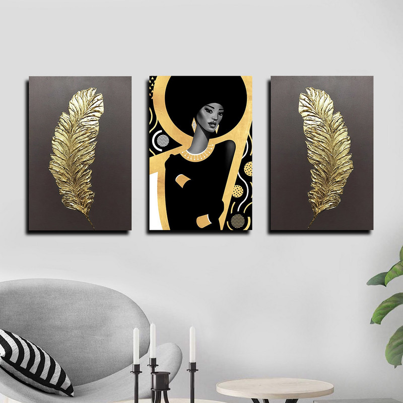 تابلو شاسی بکلیت طرح مدرن چهره آفریقایی و پر طلایی مدل SH-1679 مجموعه 3 عددی