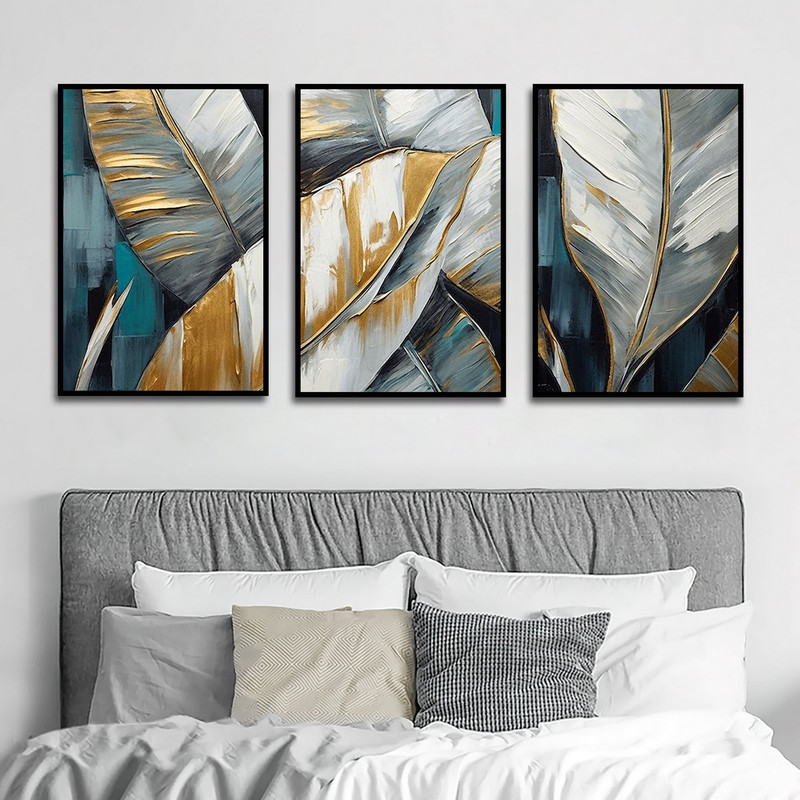 تابلو بکلیت طرح نقاشی مدرن رنگ روغن برگ مدل B-1610 مجموعه 3 عددی