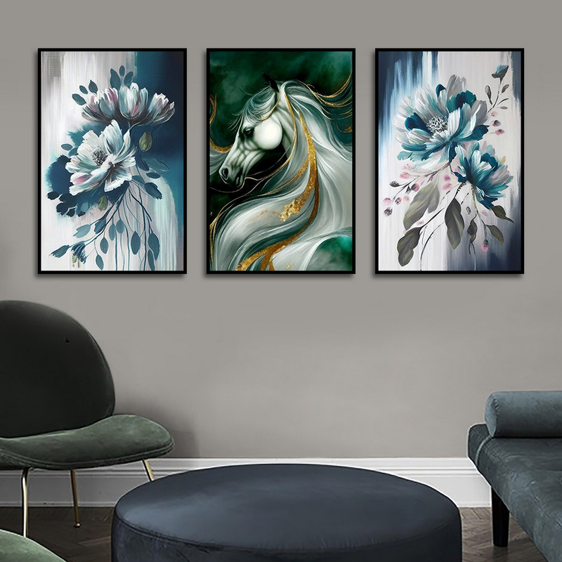تابلو بکلیت طرح نقاشی گل و اسب مدل B-1592 مجموعه 3 عددی