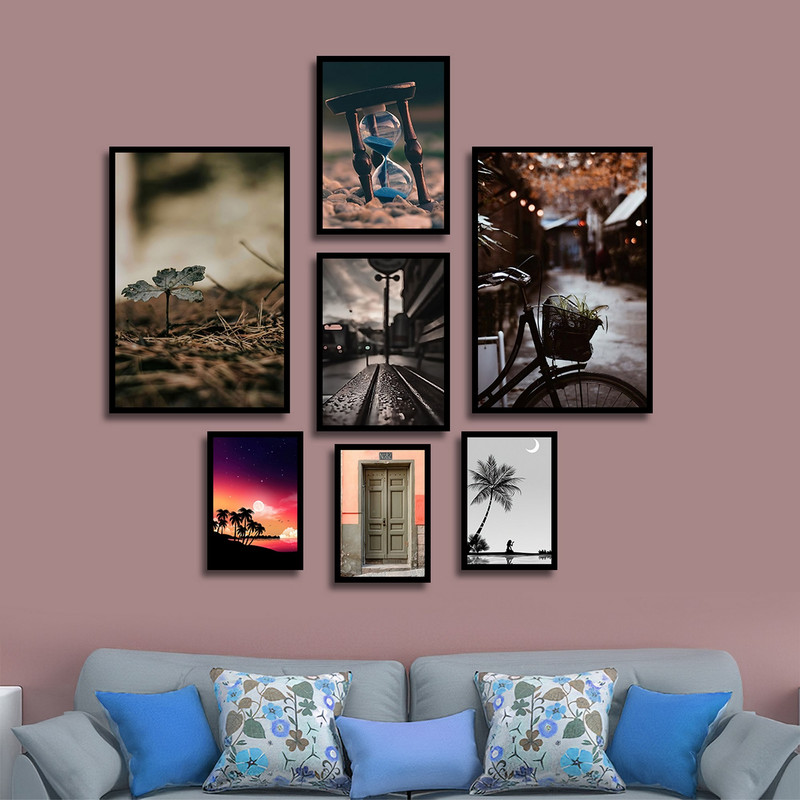 تابلو بکلیت طرح مدرن طبیعت و نیمکت چوبی مدل B-1590 مجموعه 7 عددی