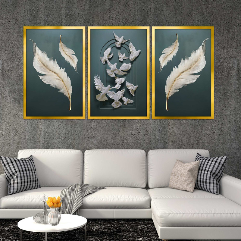 تابلو بکلیت طرح مدرن دکوراتیو پر پرنده مدل T-1553 مجموعه 3 عددی