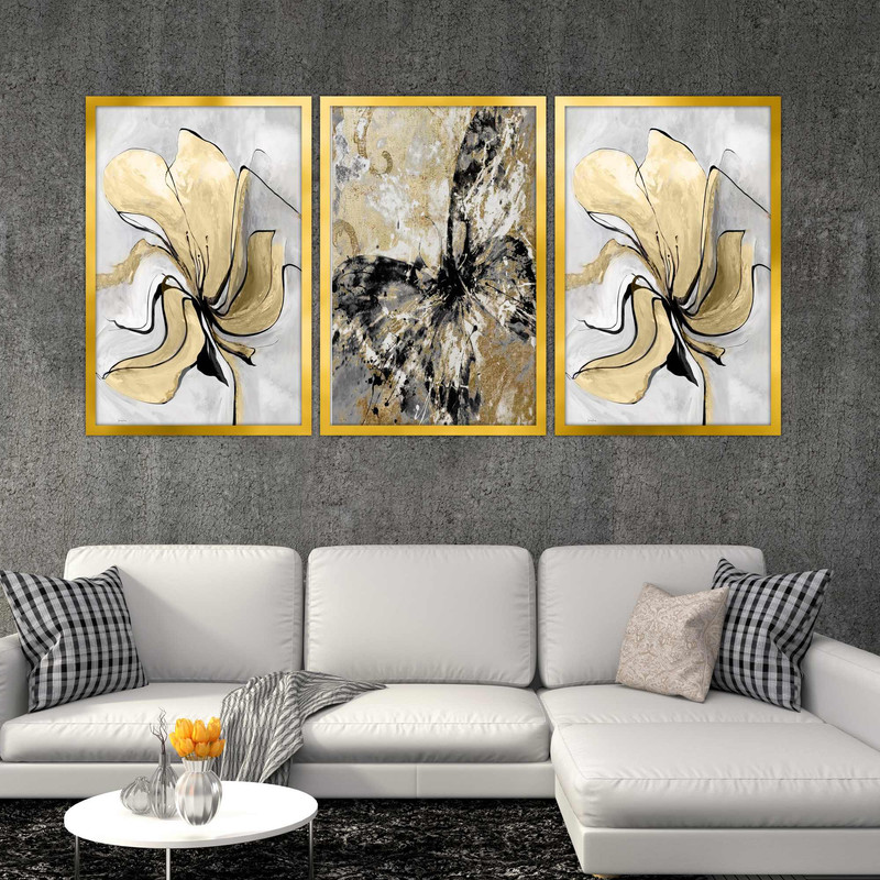 تابلو بکلیت طرح نقاشی مدرن گل طلایی مدل T-1867 مجموعه 3 عددی