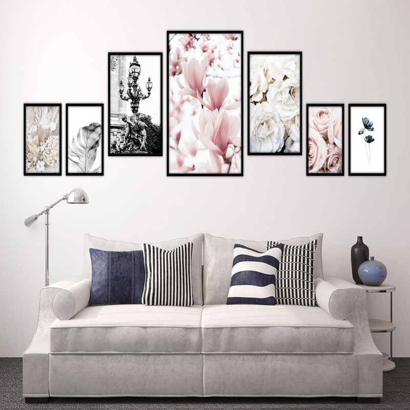 تابلو بکلیت طرح مدرن گل رز صورتی و پر مدل B-1911 مجموعه 7 عددی