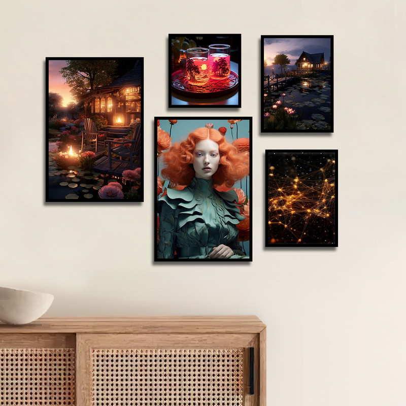 تابلو بکلیت طرح مدرن منظره کلبه چوبی و چهره مدل B-1769 مجموعه 5 عددی