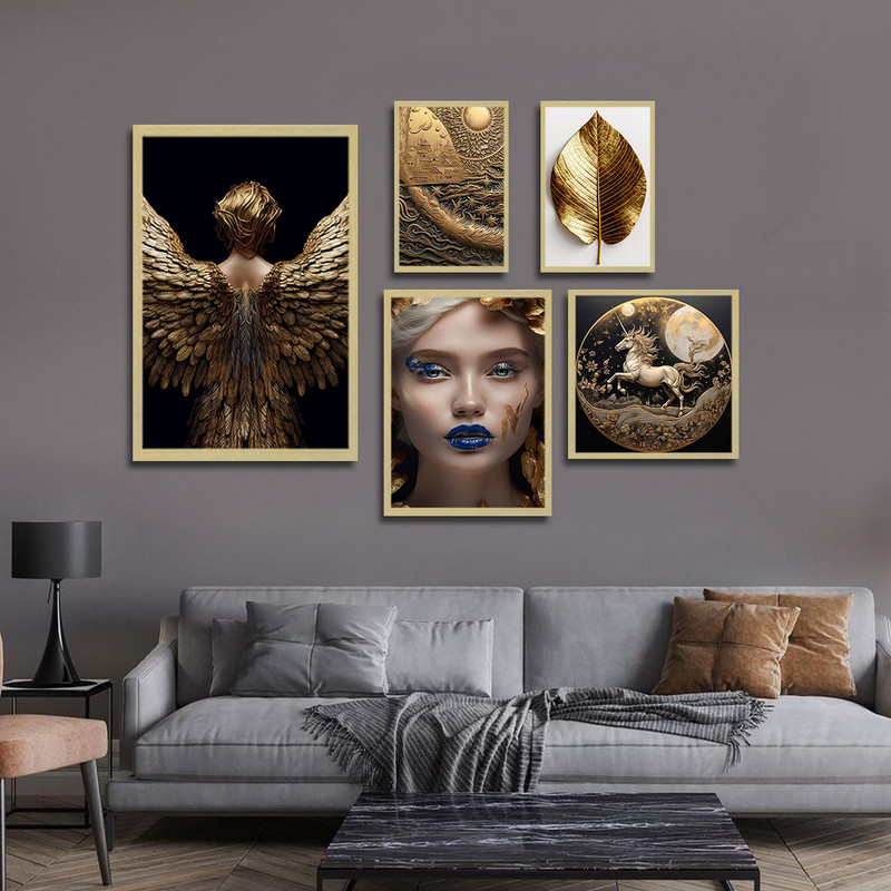 تابلو بکلیت طرح مدرن ورق طلا فرشته و اسب تک شاخ و برگ  مدل BE-1758 مجموعه 5 عددی