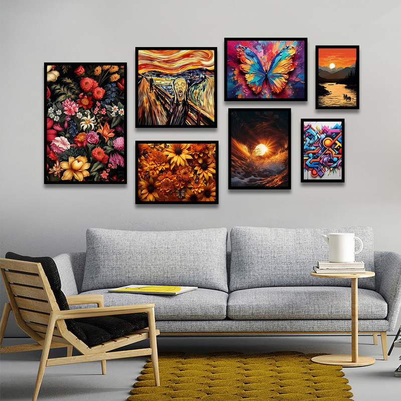 تابلو بکلیت طرح نقاشی مدرن گل رنگی و پروانه مدل B-1748 مجموعه 7 عددی