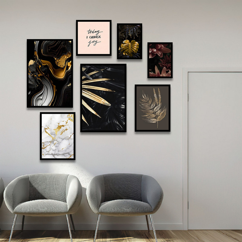 تابلو بکلیت طرح مدرن ورق طلا برگ و جمله انگیزشی  مدل B-1733 مجموعه 7 عددی