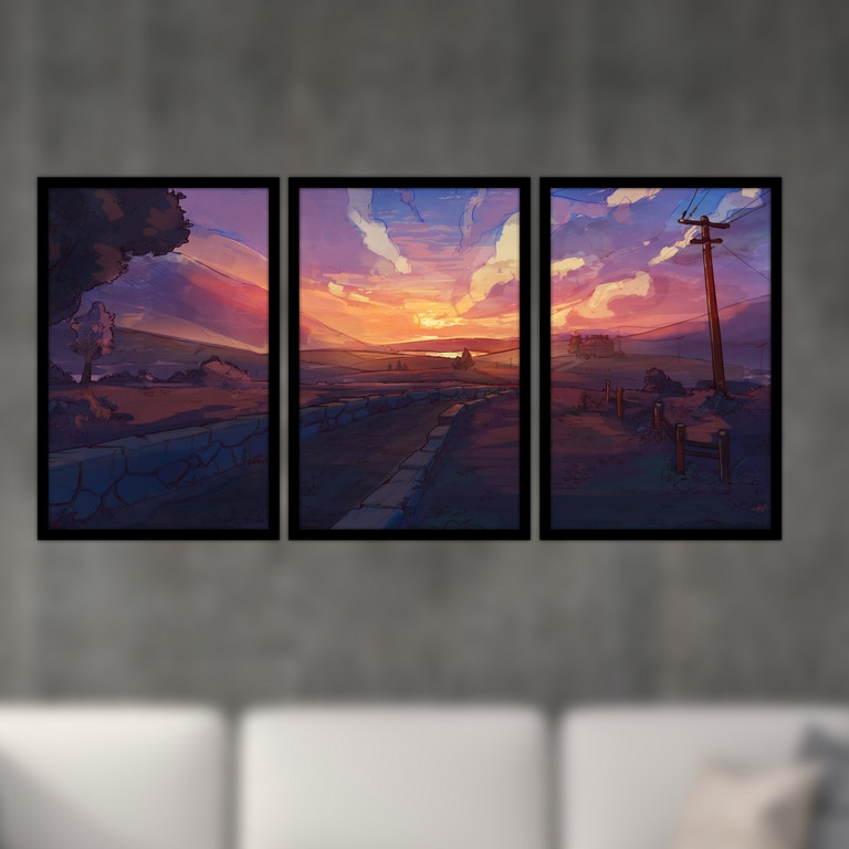 تابلو بکلیت طرح نقاشی منظره غروب آفتاب مدل B-S4744 مجموعه 3 عددی