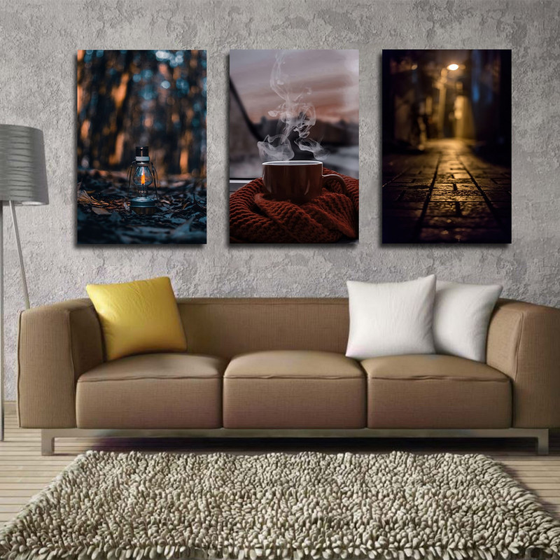 تابلو شاسی بکلیت طرح مدرن منظره شهر و فنجان و فانوس مدل SH-1803 مجموعه 3 عددی