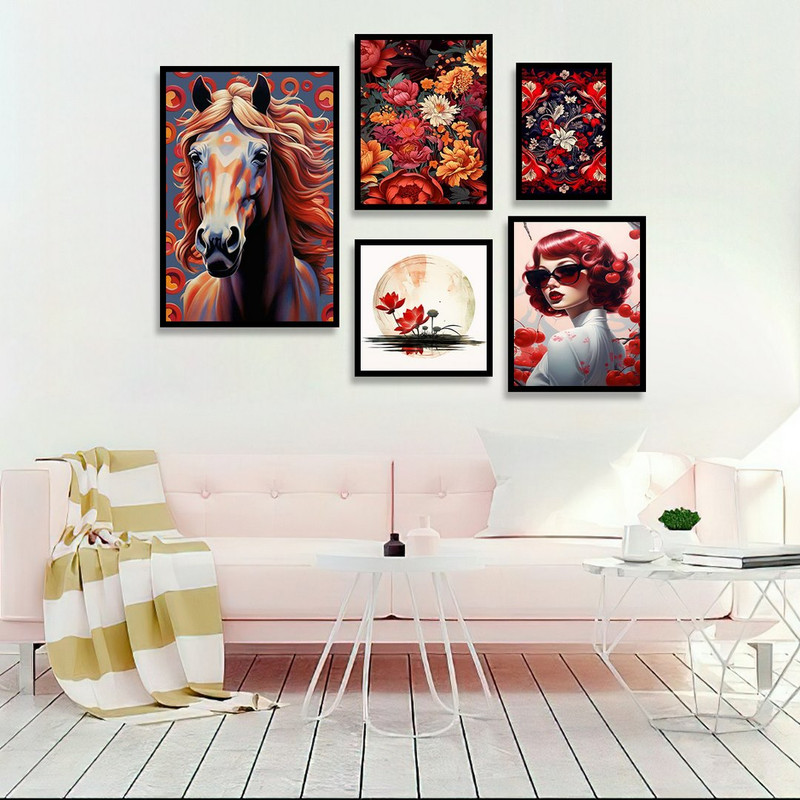 تابلو بکلیت طرح پرتره چهره و اسب و گل مدل B-1276 مجموعه 5 عددی