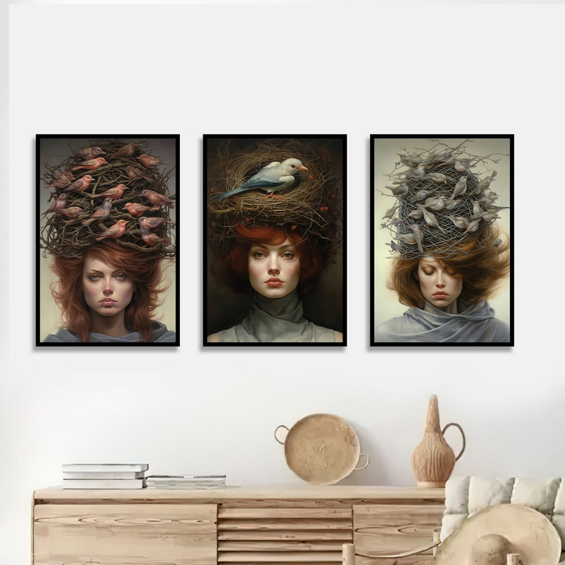 تابلو بکلیت طرح چهره زن و اشیانه پرنده مدل B-1193 مجموعه 3 عددی