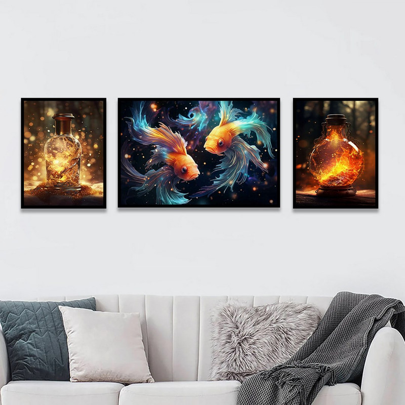 تابلو بکلیت طرح نقاشی رنگ روغن ماهی بال دار مدل B-1167 مجموعه 3 عددی