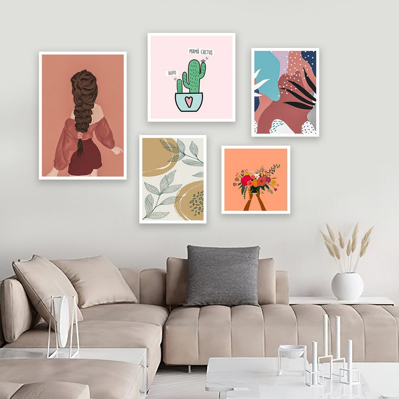 تابلو بکلیت مدل طرح نقاشی مینیمال دخترانه W-947  مجموعه 5 عددی