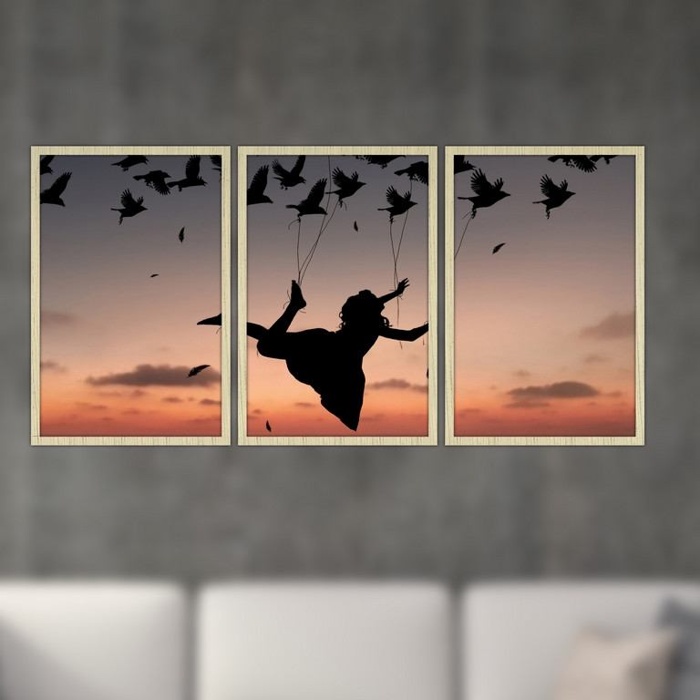 تابلو بکلیت طرح نقاشی غروب آفتاب و رقص پرندگان مدل S4781 مجموعه 3 عددی