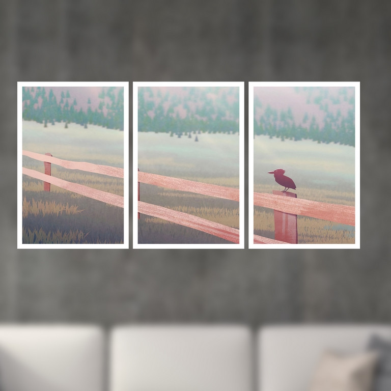 تابلو بکلیت طرح نقاشی مزرعه و پرنده مدل W-S4880 مجموعه 3 عددی