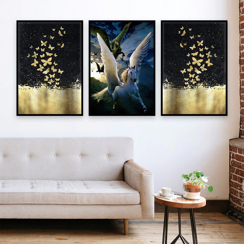 تابلو بکلیت طرح ورق طلا اسب تک شاخ و پروانه مدل B-767مجموعه 3عددی