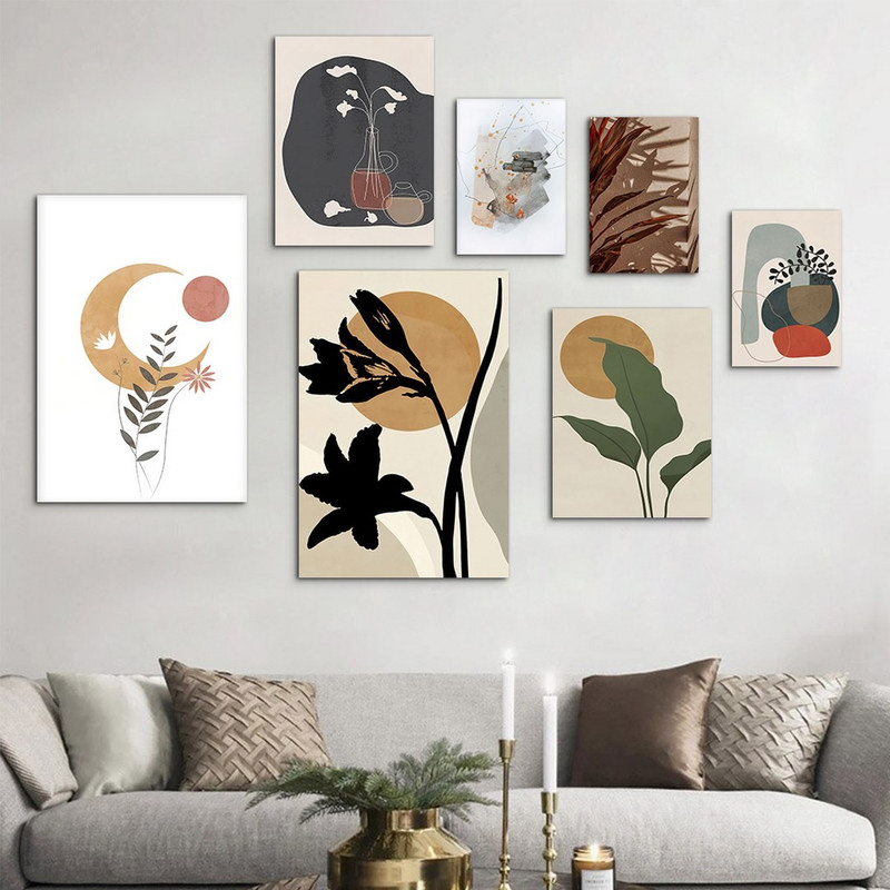 تابلو شاسی بکلیت طرح نقاشی مینیمال ماه و برگ مدل SH-995 مجموعه 7 عددی