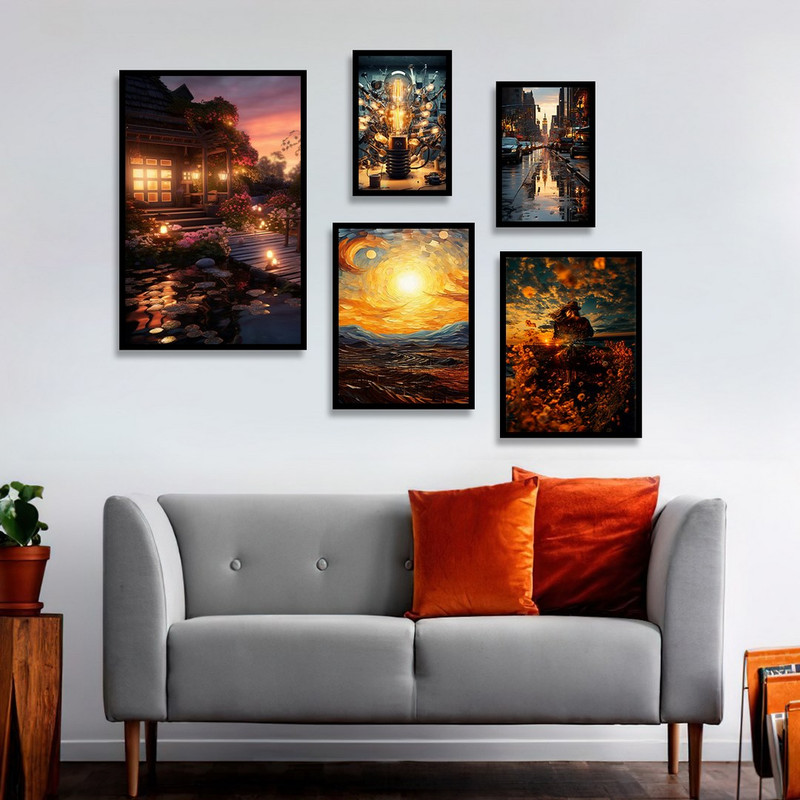 تابلو بکلیت طرح کلبه نور و غروب خورشید مدل B-1300 مجموعه 5 عددی