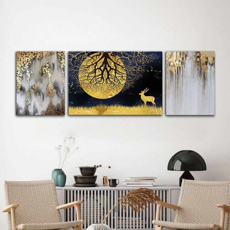 تابلو شاسی بکلیت طرح گوزن و مهتاب طلایی مدل SH-721 مجموعه 3 عددی