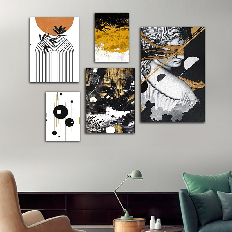 تابلو شاسی بکلیت طرح نقاشی آبرنگ و مینیمال آرت مدل SH-702 مجموعه 5 عددی