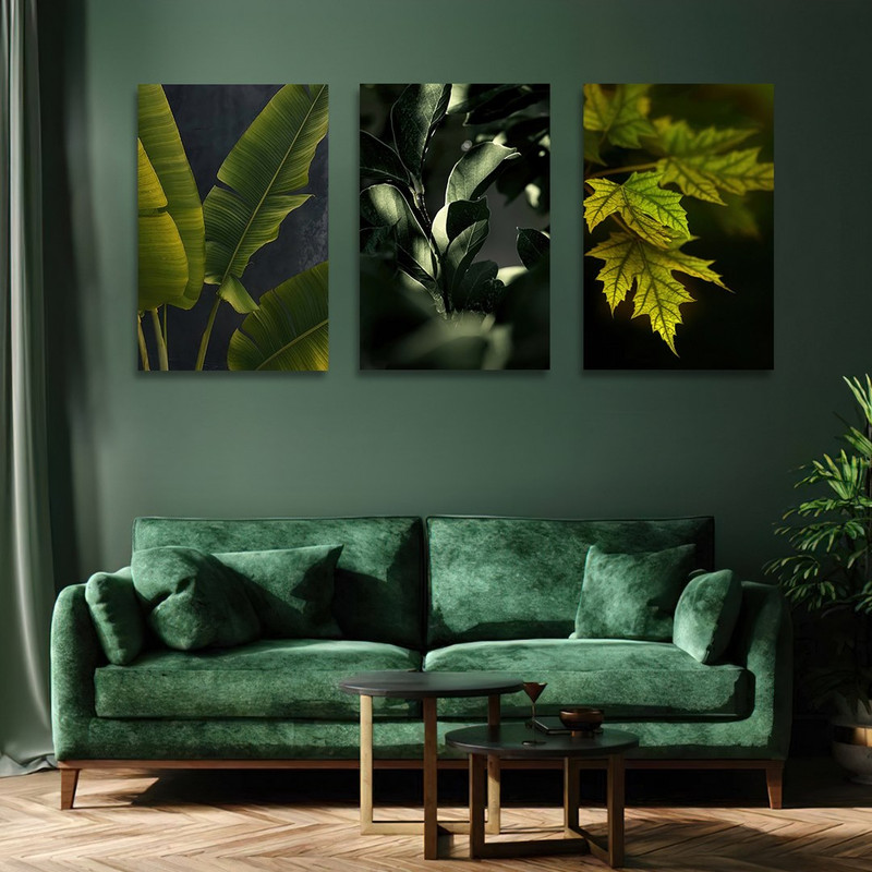 تابلو شاسی بکلیت طرح دکوری مدرن طبیعت و برگ سبز مدل SH-1463 مجموعه 3 عددی