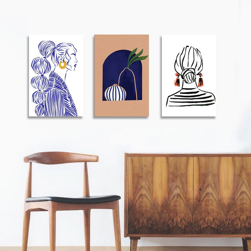 تابلو شاسی بکلیت طرح نقاشی دکوری مدرن سبک مینیمال دخترانه مدل SH-1467 مجموعه 3 عددی