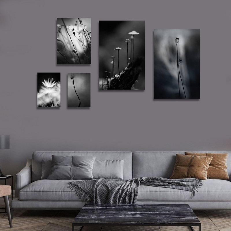 تابلو شاسی بکلیت طرح دکوری مدرن طبیعت سیاه و سفید مدل SH-1450 مجموعه 5 عددی