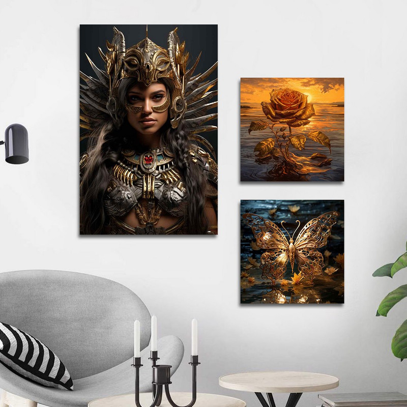 تابلو شاسی بکلیت طرح نمای گل و پروانه طلایی مدل SH-1387 مجموعه 3 عددی