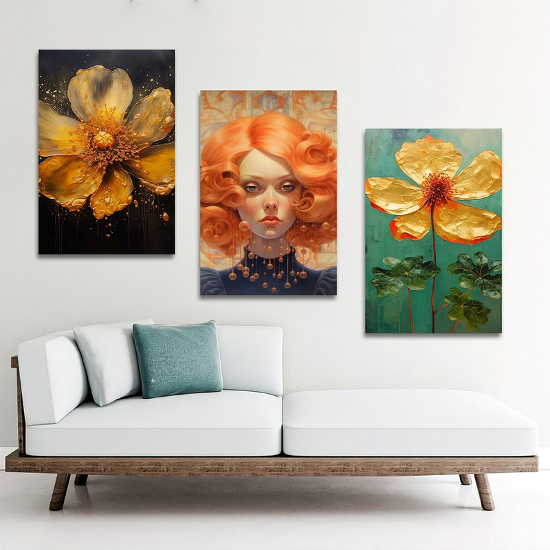 تابلو شاسی بکلیت طرح نقاشی مدرن چهره زیبا و گل طلایی مدل SH-1390 مجموعه 3 عددی