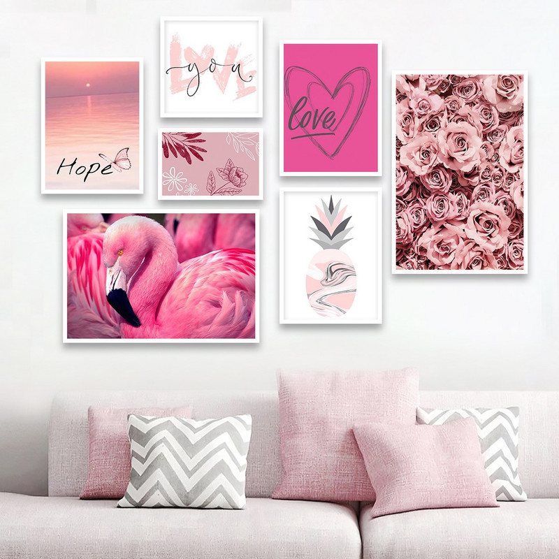 تابلو بکلیت طرح دخترانه فلامینگو و گل مدل W-740 مجموعه 7 عددی