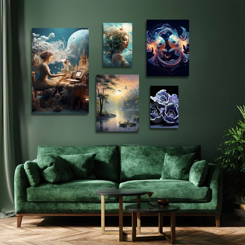 تابلو شاسی بکلیت طرح گرافیکی طبیعت و ماهی مدل SH-1283 مجموعه 5 عددی