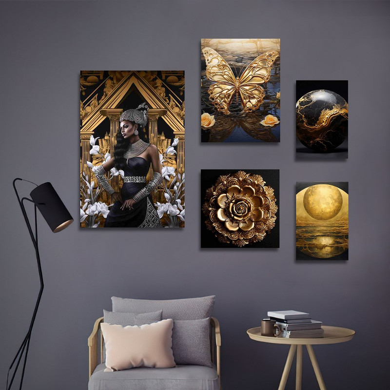 تابلو شاسی بکلیت طرح گرافیکی گوی و گل طلایی مدل SH-1285 مجموعه 5 عددی