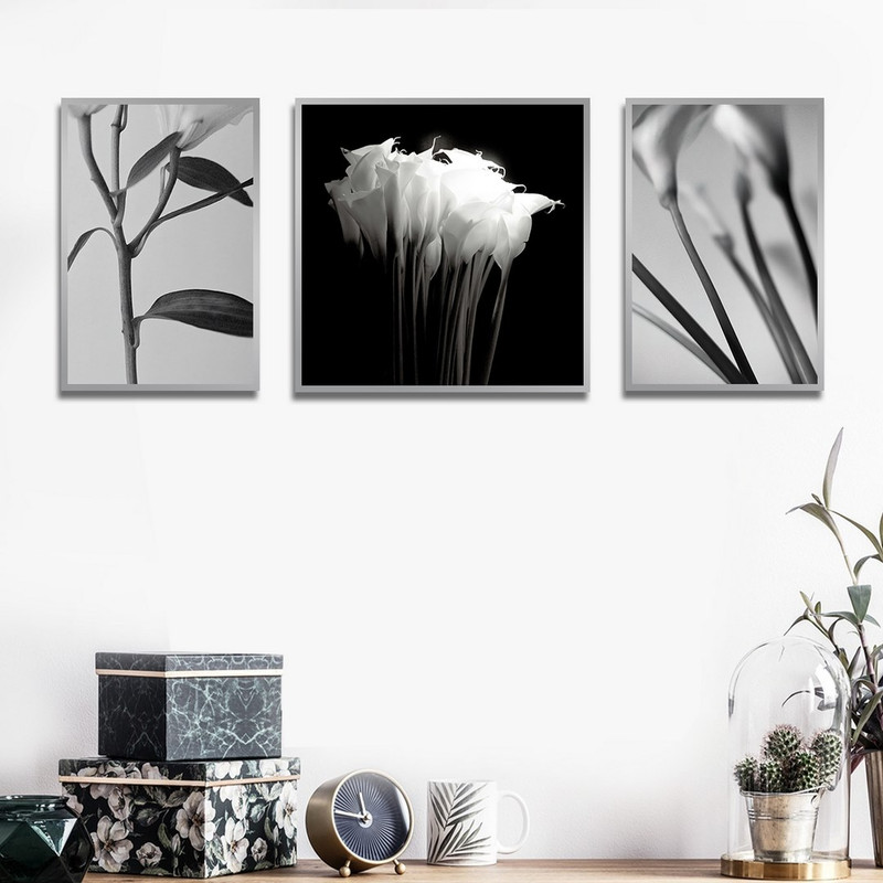 تابلو بکلیت طرح دکوراتیو گل شیپوری سیاه و سفید مدل SI-1453 مجموعه 3 عددی