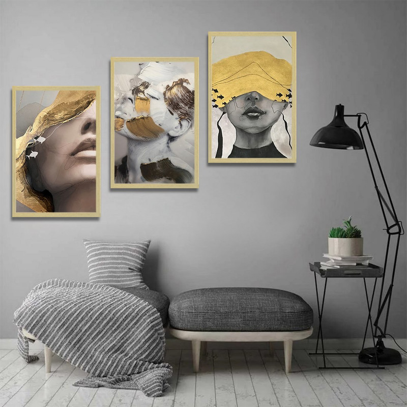 تابلو بکلیت طرح نقاشی دکوراتیو مدرن چهره طلایی مدل BE-1444 مجموعه 3 عددی