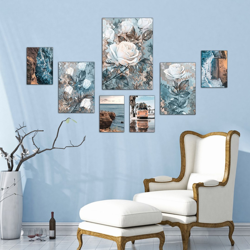 تابلو شاسی بکلیت طرح منظره گل و دریا مدل SH-437 مجموعه 7 عددی