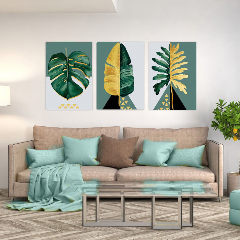 تابلو شاسی بکلیت طرح نقاشی مدرن برگ انجیری مدل SH-1892 مجموعه 3 عددی